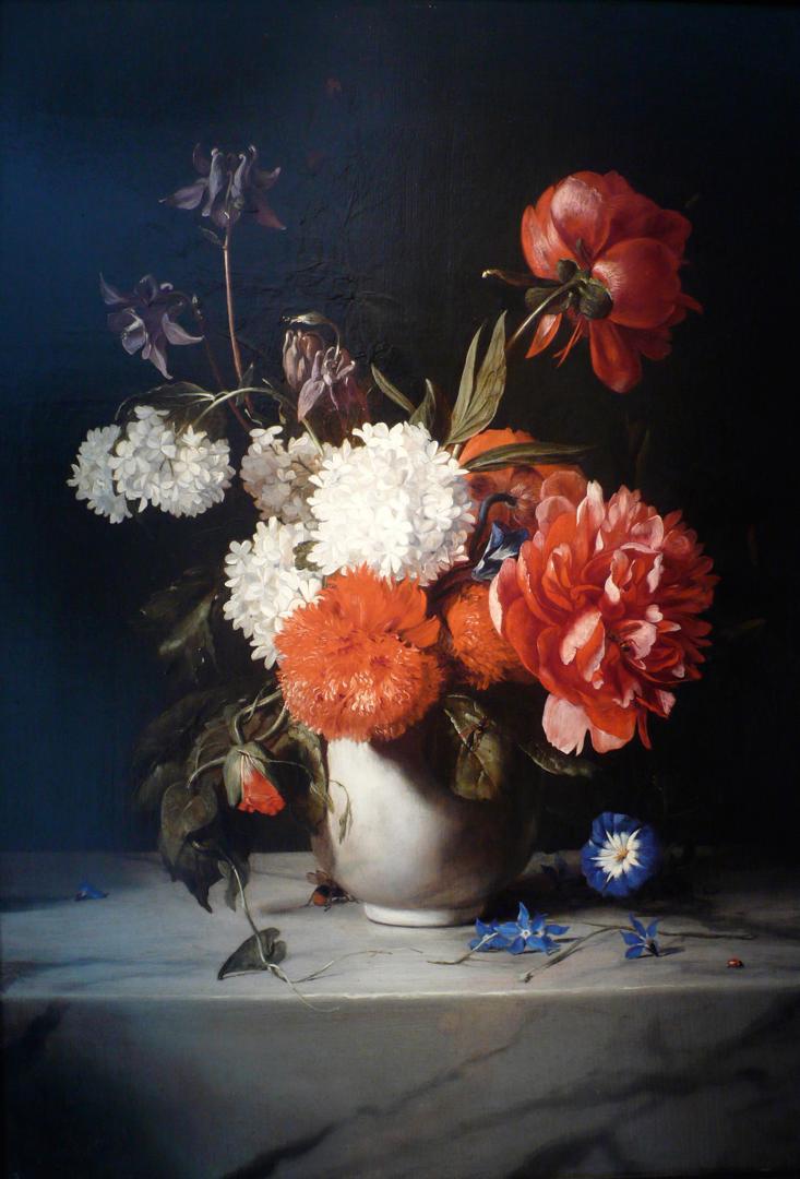 Flowers in a White Stone Vase by Dirck de Bray