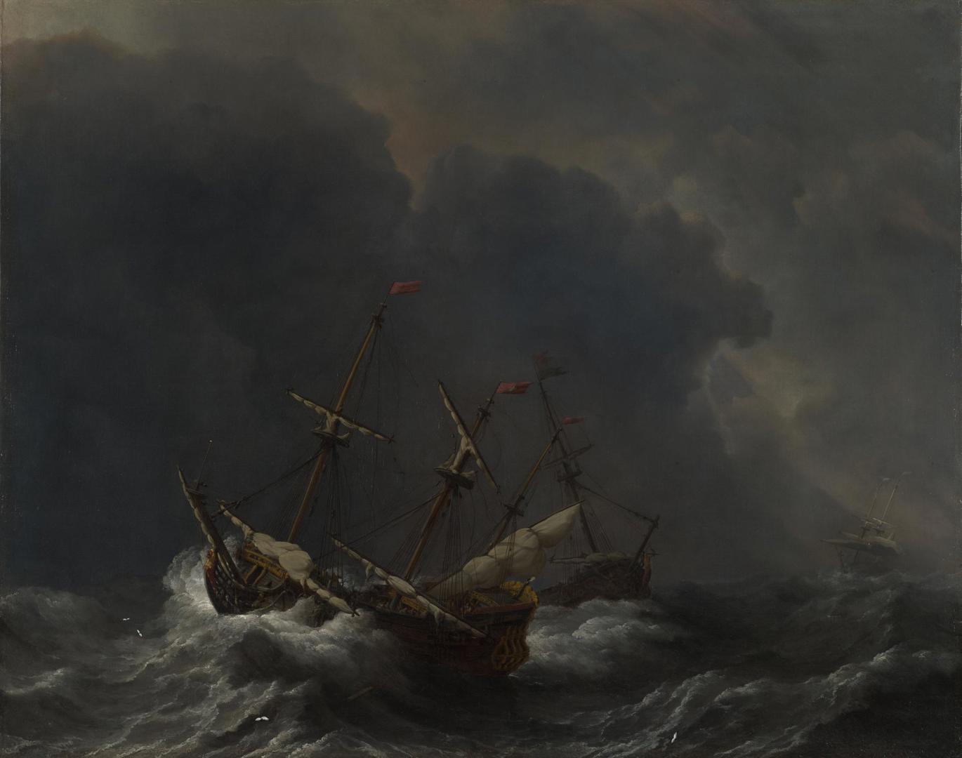 Three Ships in a Gale by Willem van de Velde