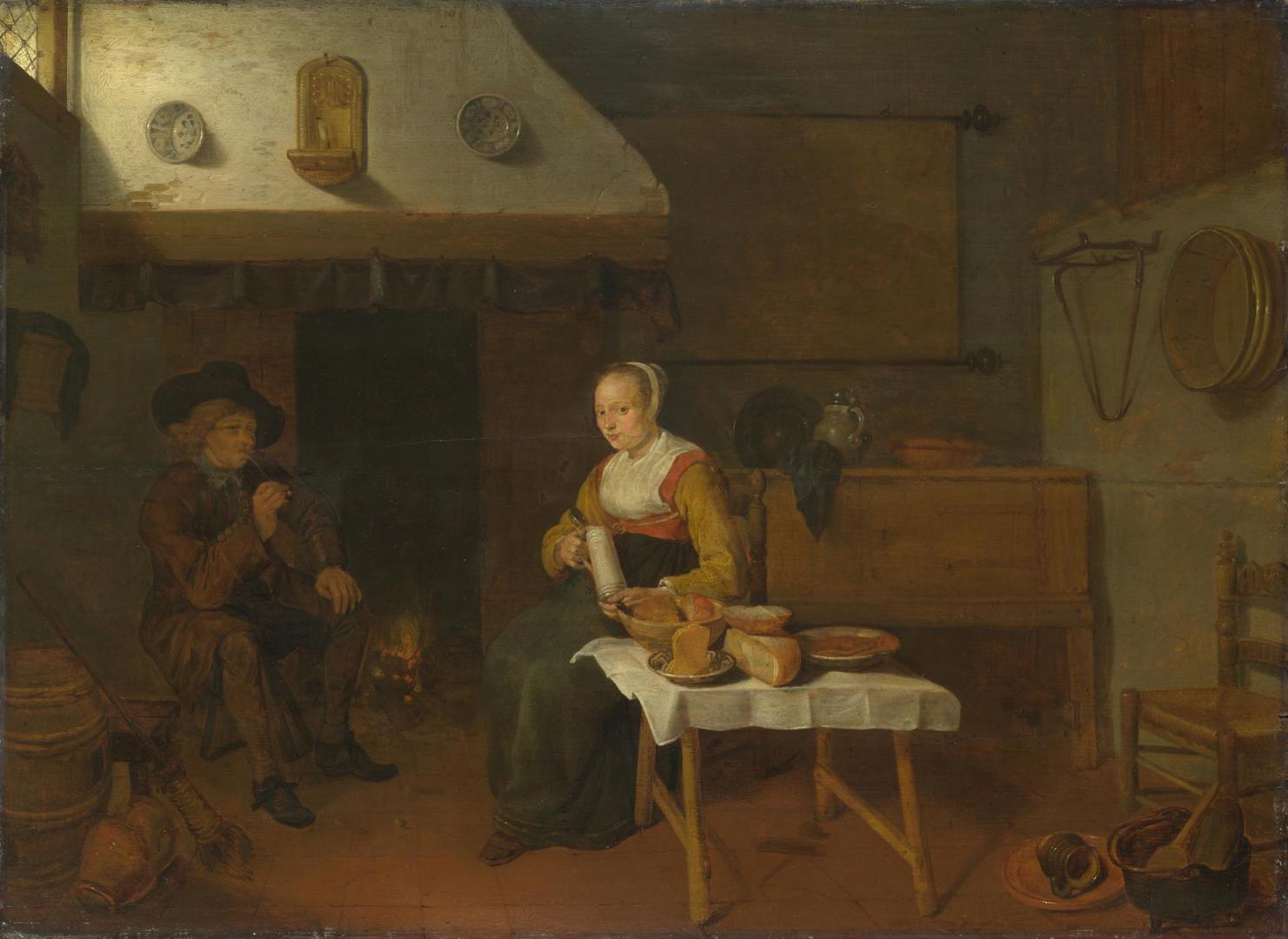 An Interior, with a Man and a Woman seated by a Fire by Quiringh van Brekelenkam