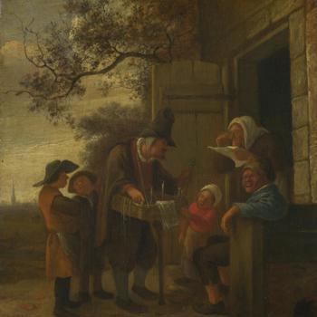 A Pedlar selling Spectacles outside a Cottage