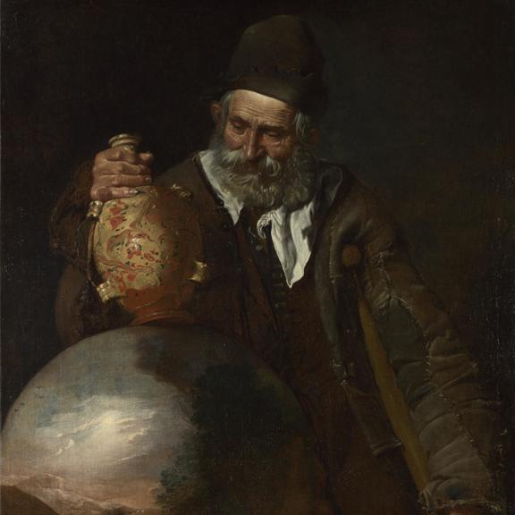 An Old Man holding a Pilgrim-Bottle