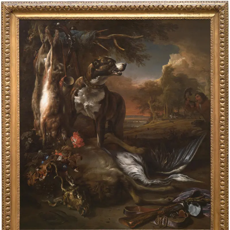 A Deerhound with Dead Game and Implements of the Chase