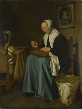 Johannes van der Aack: 'An Old Woman seated sewing'
