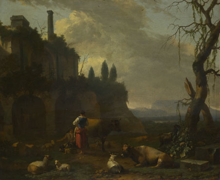 Abraham Begeijn: 'Peasants with Cattle by a Ruin'