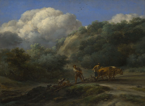Nicolaes Berchem: 'A Man and a Youth ploughing with Oxen'