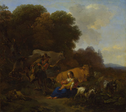 Nicolaes Berchem: 'A Peasant playing a Hurdy-Gurdy to a Woman and Child'