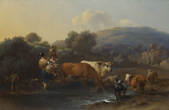 Nicolaes Berchem: 'Peasants with Cattle fording a Stream'