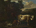 Two Calves, a Sheep and a Dun Horse by a Ruin