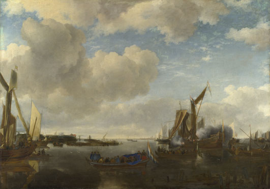Jan van de Cappelle: 'A River Scene with a Dutch Yacht firing a Salute'