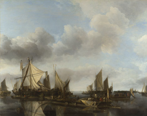 Jan van de Cappelle: 'A River Scene with a Large Ferry'