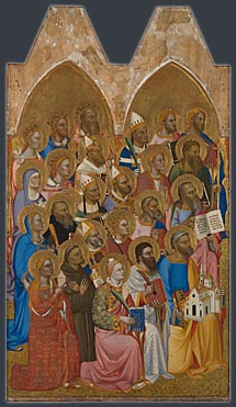 Attributed to Jacopo di Cione and workshop: 'Adoring Saints: Left Main Tier Panel'