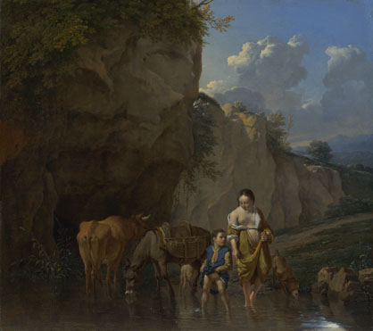 Karel Dujardin: 'A Woman and a Boy with Animals at a Ford'