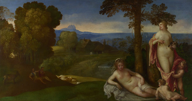 Imitator of Giorgione: 'Nymphs and Children in a Landscape with Shepherds'
