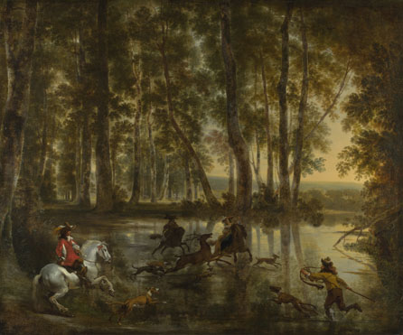 Jan Hackaert: 'A Stag Hunt in a Forest'