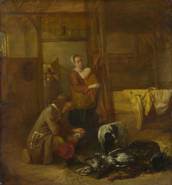 Pieter de Hooch: 'A Man with Dead Birds, and Other Figures, in a Stable'