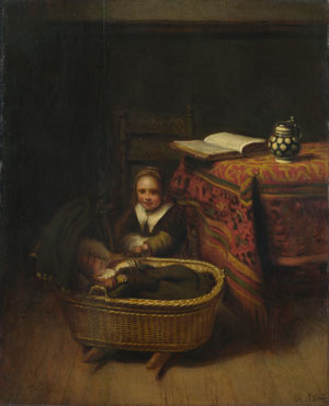 Nicolaes Maes: 'A Little Girl rocking a Cradle'