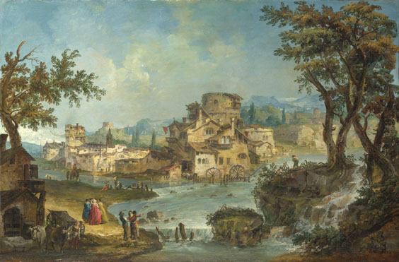 Michiel Giovanni Marieschi: 'Buildings and Figures near a River with Rapids'