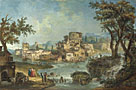 Buildings and Figures near a River with Rapids