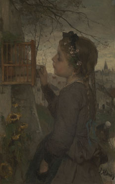 Jacob Maris: 'A Girl feeding a Bird in a Cage'