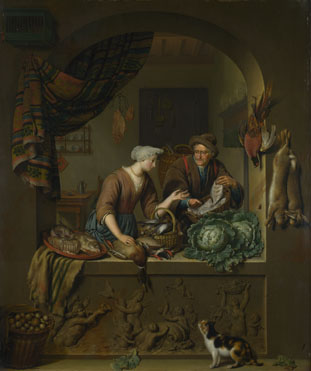 Willem van Mieris: 'A Woman and a Fish-pedlar in a Kitchen'