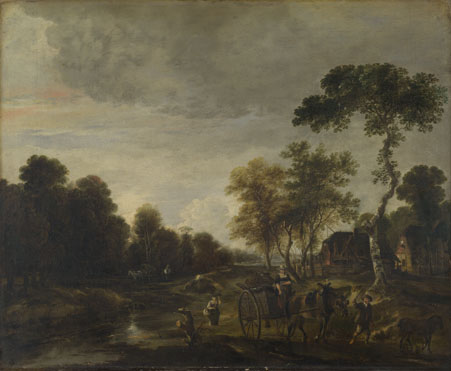 Aert van der Neer: 'An Evening Landscape with a Horse and Cart by a Stream'