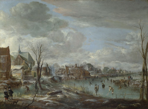 Aert van der Neer: 'A Frozen River near a Village, with Golfers and Skaters'