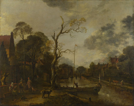 Aert van der Neer: 'A View along a River near a Village at Evening'