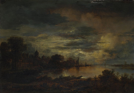 Aert van der Neer: 'A Village by a River in Moonlight'
