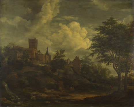Imitator of Jacob van Ruisdael: 'A Castle on a Hill by a River'