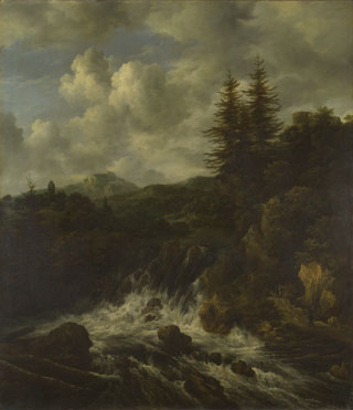 Jacob van Ruisdael: 'A Landscape with a Waterfall and a Castle on a Hill'