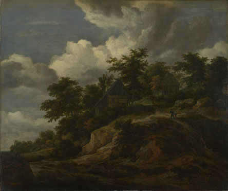 Jacob van Ruisdael: 'A Rocky Hill with Three Cottages, a Stream at its Foot'