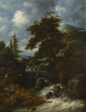 Jacob Salomonsz. van Ruysdael: 'A Waterfall by a Cottage in a Hilly Landscape'