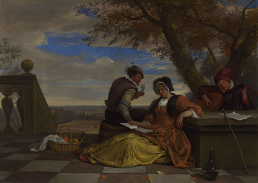 Jan Steen: 'Two Men and a Young Woman making Music on a Terrace'
