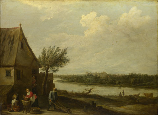 David Teniers the Younger: 'A Cottage by a River with a Distant View of a Castle'