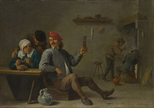 David Teniers the Younger: 'A Man holding a Glass and an Old Woman lighting a Pipe'