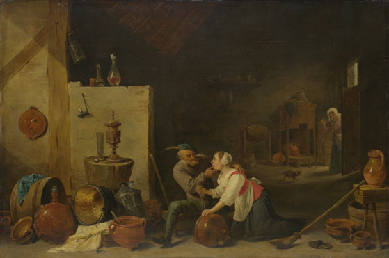 David Teniers the Younger: 'An Old Peasant caresses a Kitchen Maid in a Stable'