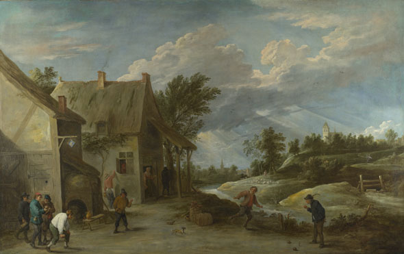 David Teniers the Younger: 'Peasants playing Bowls outside a Village Inn'
