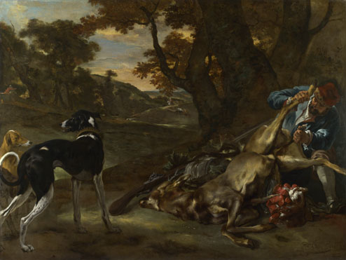 Jan Baptist Weenix: 'A Huntsman cutting up a Dead Deer, with Two Deerhounds'