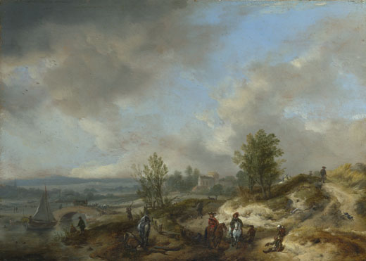 Philips Wouwermans: 'A Dune Landscape with a River and Many Figures'