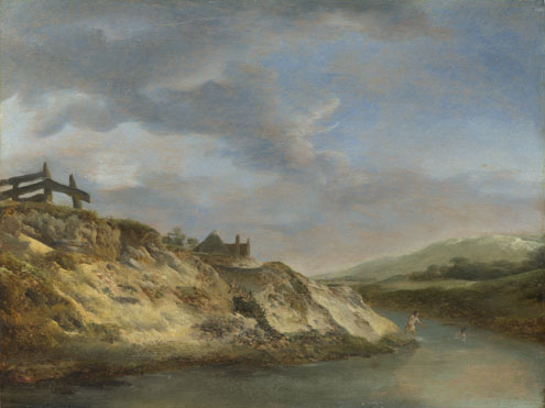 Philips Wouwermans: 'A Stream in the Dunes, with Two Bathers'
