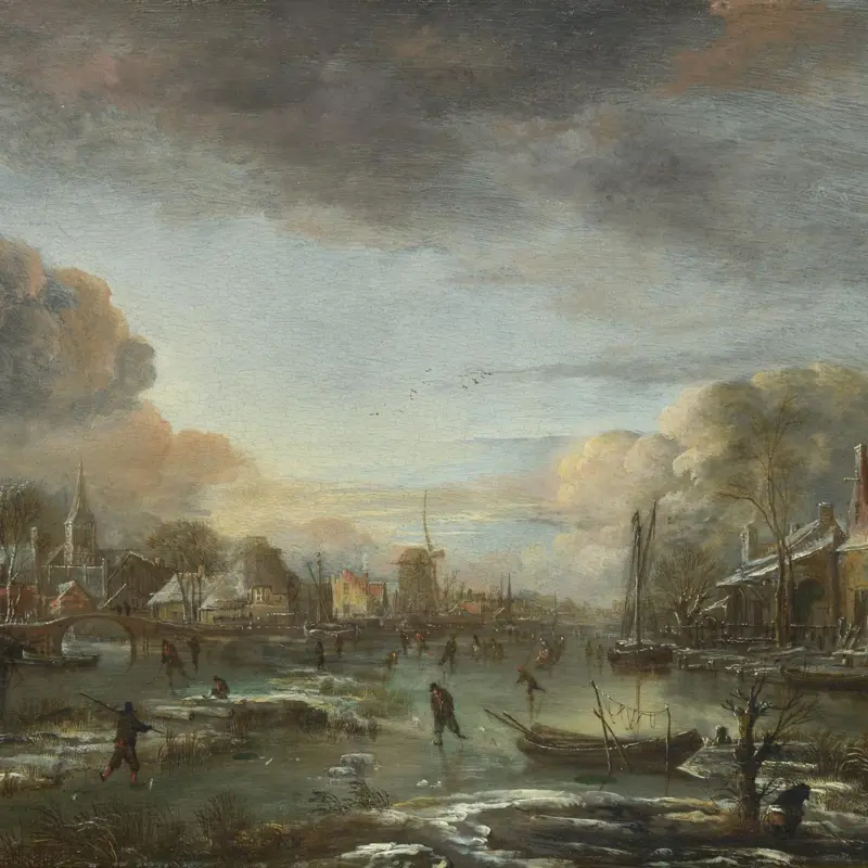 A Frozen River by a Town at Evening