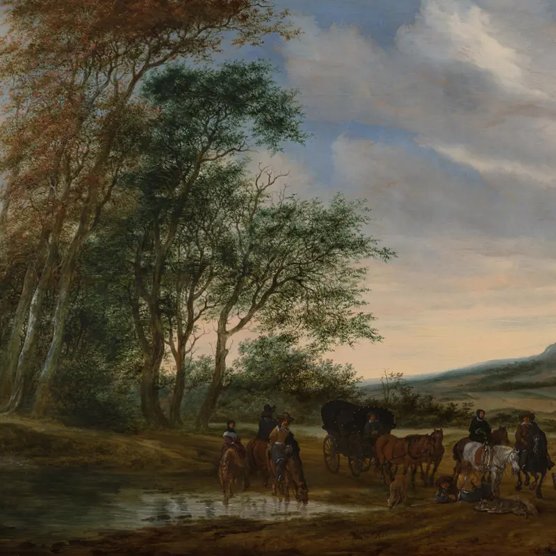 A Landscape with a Carriage and Horsemen at a Pool