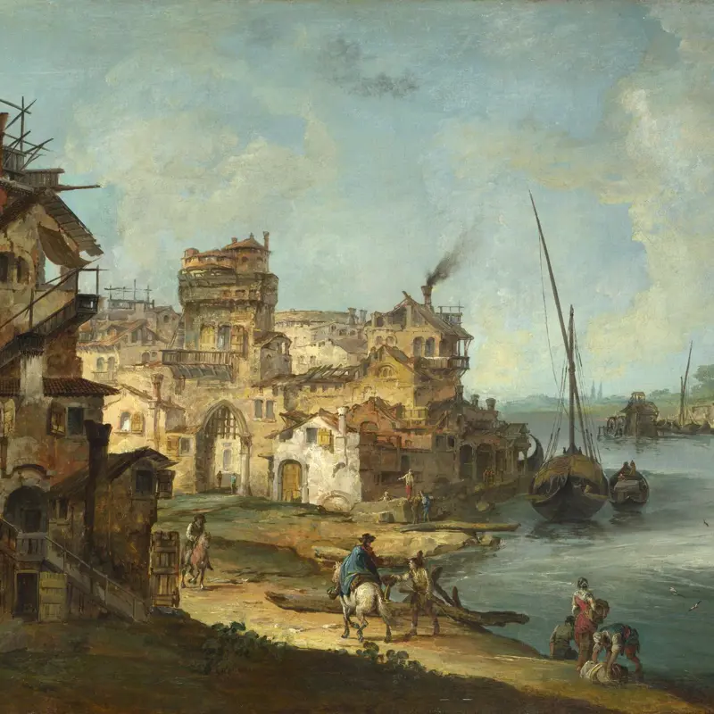Buildings and Figures near a River with Shipping