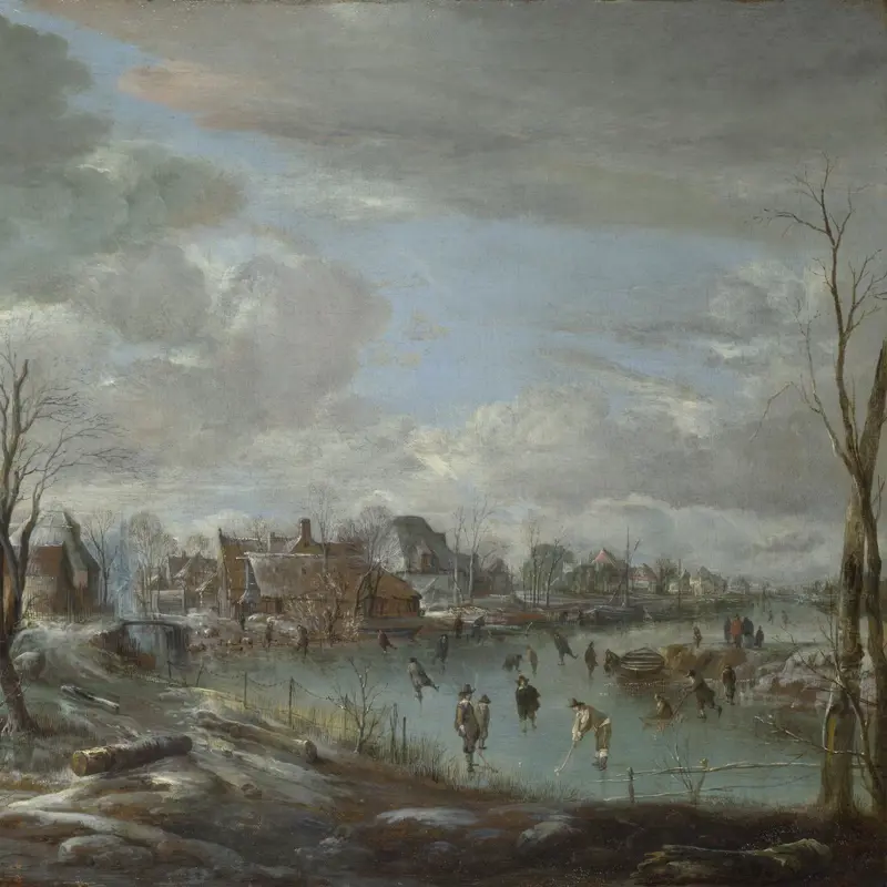 A Frozen River near a Village, with Golfers and Skaters