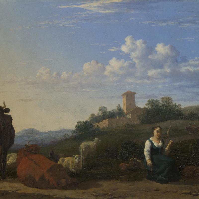 A Woman with Cattle and Sheep in an Italian Landscape