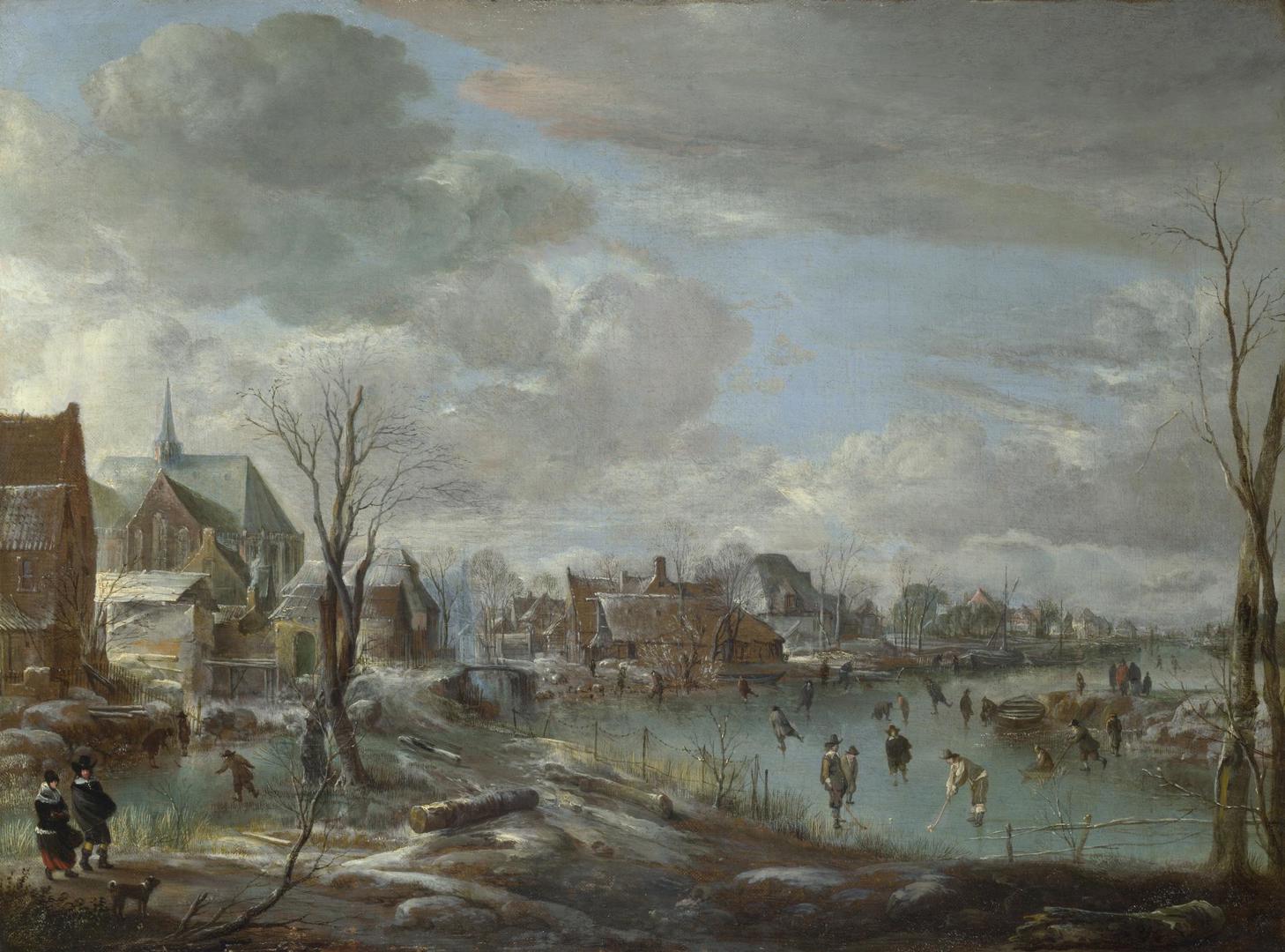 A Frozen River near a Village, with Golfers and Skaters by Aert van der Neer