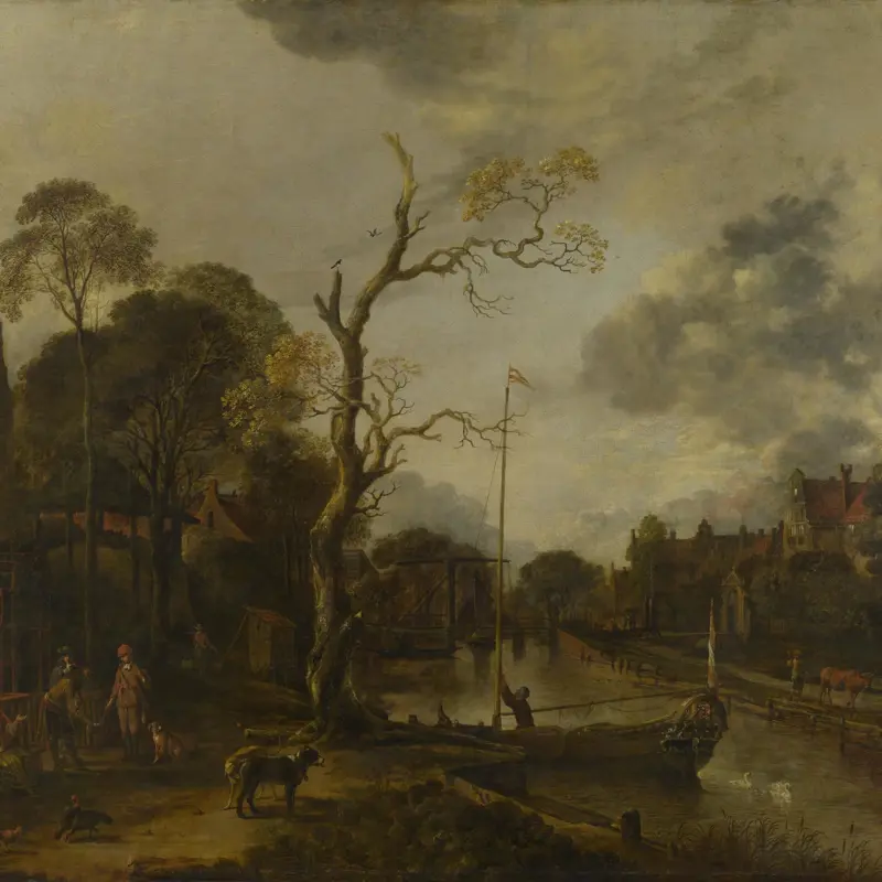 A View along a River near a Village at Evening