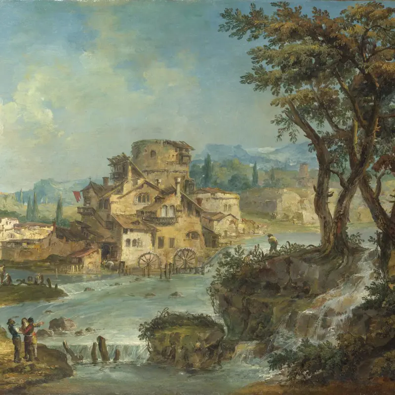 Buildings and Figures near a River with Rapids