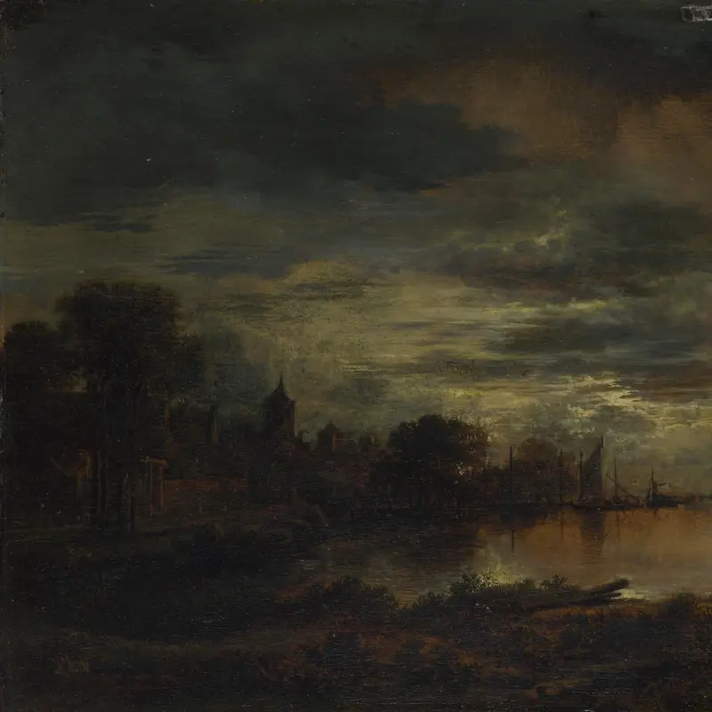 A Village by a River in Moonlight