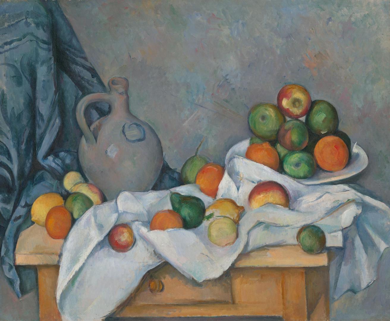 Curtain, jug and dish of fruit by Paul Cezanne